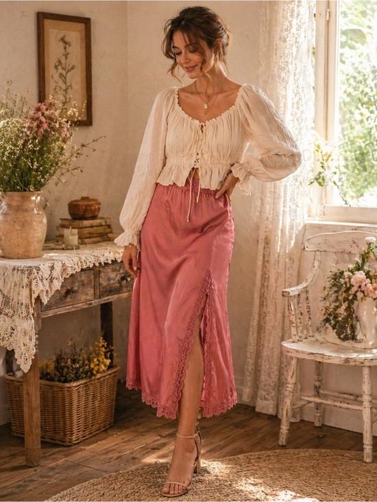 Francesca's Collections Other - Francesca’s Mi Ami Satin Lace Trim Midi Skirt M Pink Side Slit Slip Coquette